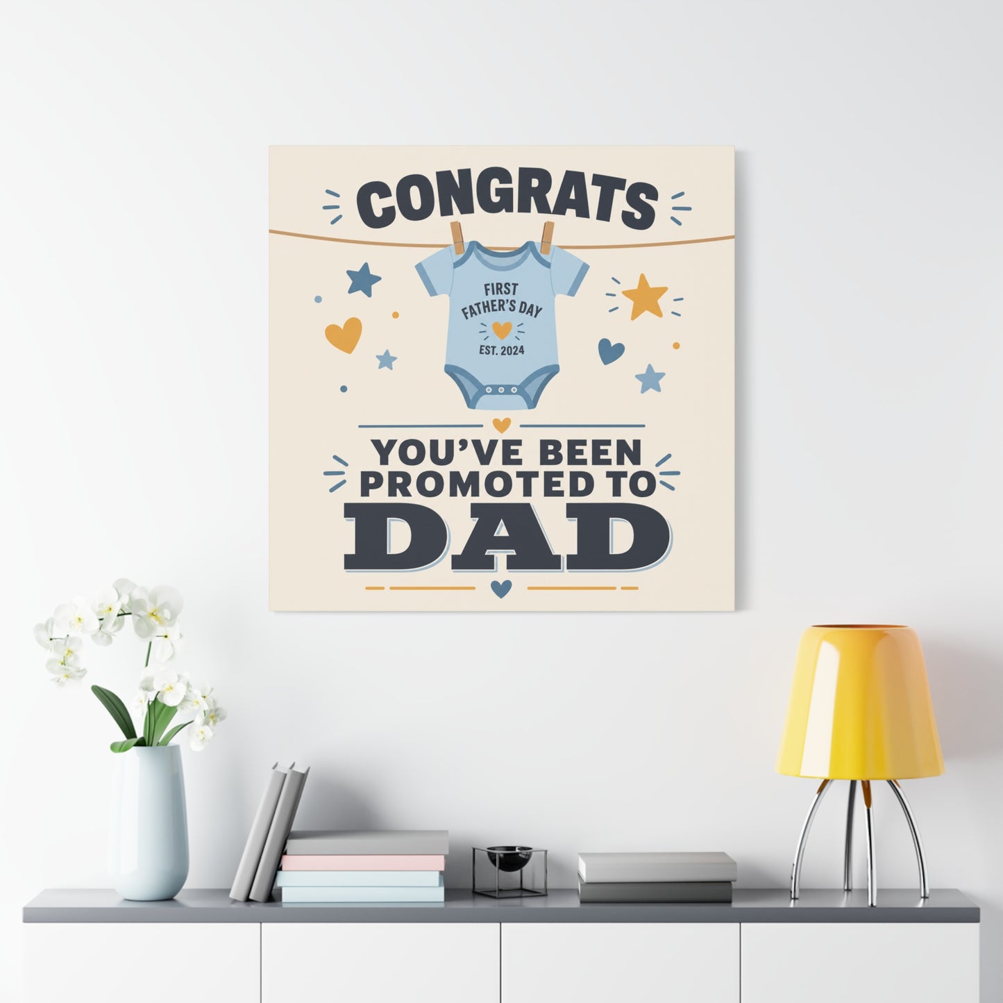 "Congrats You've Been Promoted To Dad" Canvas Wall Art - Baby Onesie Quote Print, Blue And Gold Typography Decor - Nursery Bedroom Wall Hanging - Bedroom Home Decoration - Modern Farmhouse Style