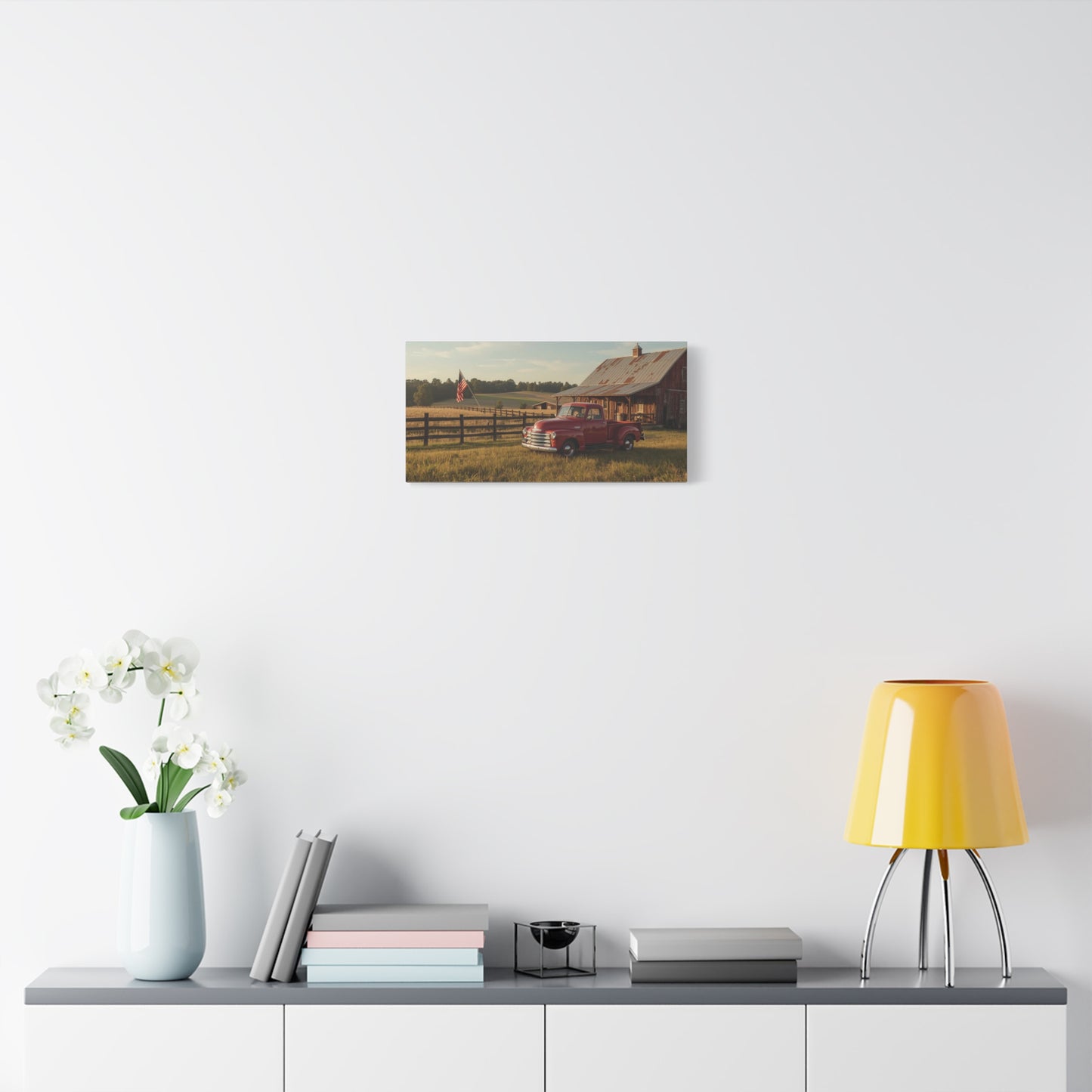 Red Vintage Pickup Truck Canvas Wall Art - Rustic Barn, American Flag Farm Landscape - Country Art Print, Traditional Style - Living Room Wall Decor, Office Art Accent - Modern Farmhouse Style