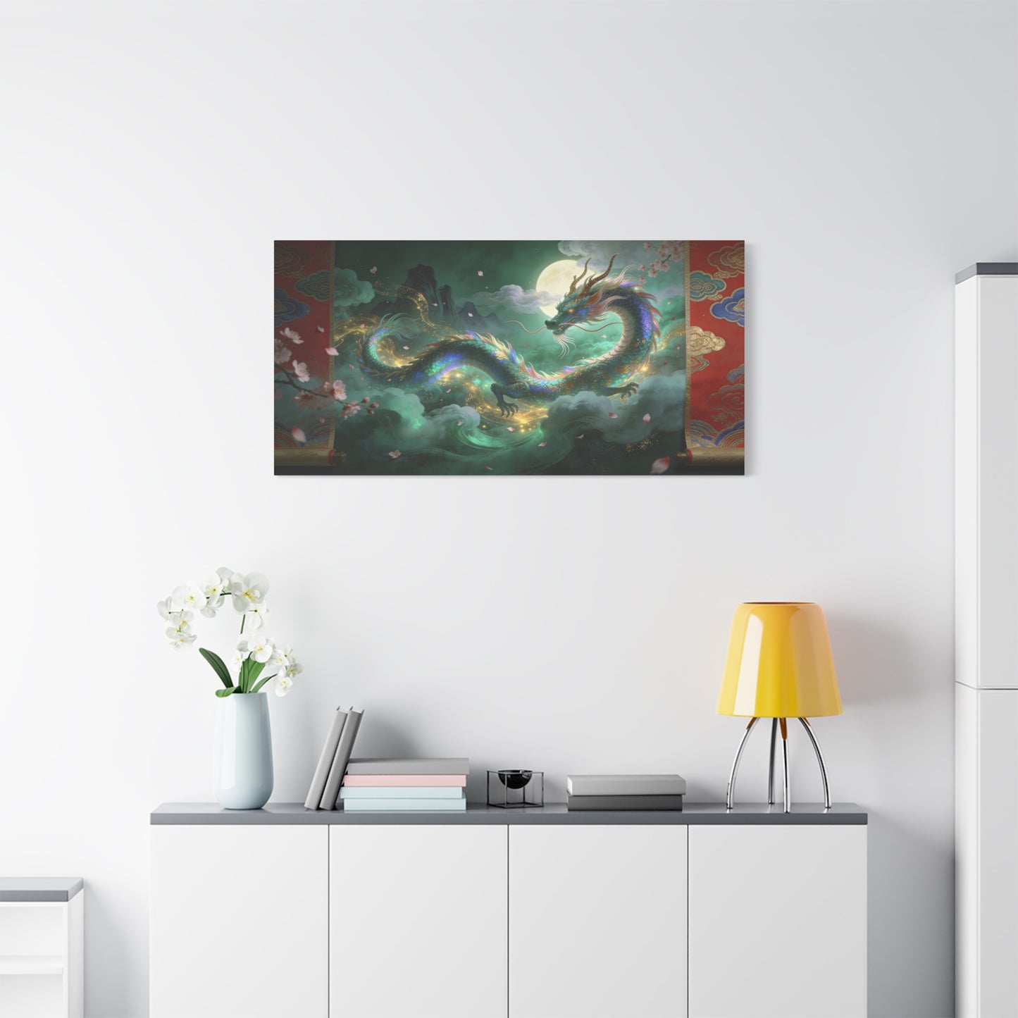 Moonlit Chinese Dragon Canvas Wall Art - Fantasy Cloudscape, Cherry Blossoms, Gold Accents - Luminous Asian Illustration - Living Room Wall Decor, Bedroom Home Decoration - Bedroom Home Decoration
