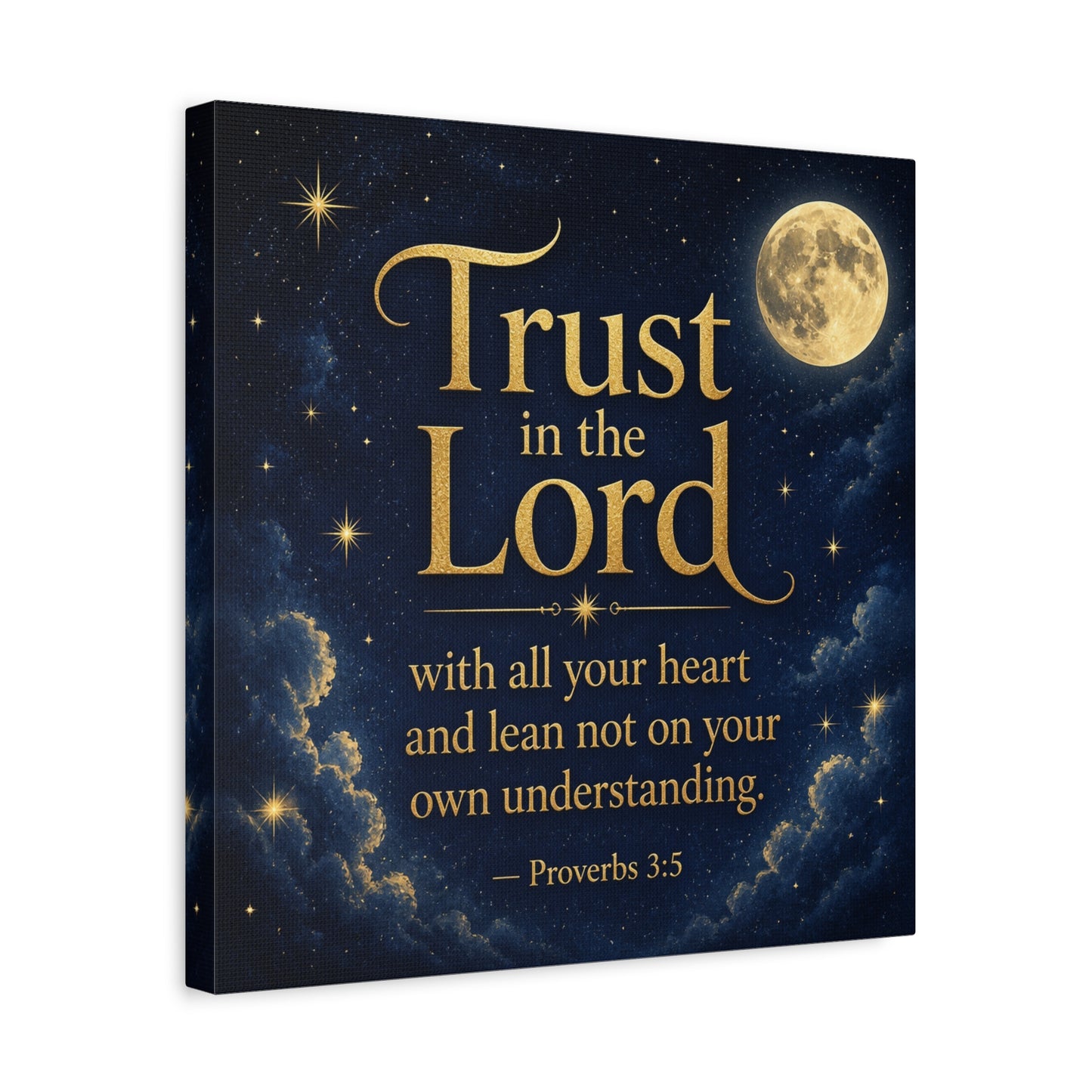 "Trust In The Lord" Bible Verse Canvas Wall Art - Moonlit Scripture Quote, Gold Typography, Christian Wall Decor - Traditional Night Sky Design - Bedroom Living Room Decoration - Ready to Hang