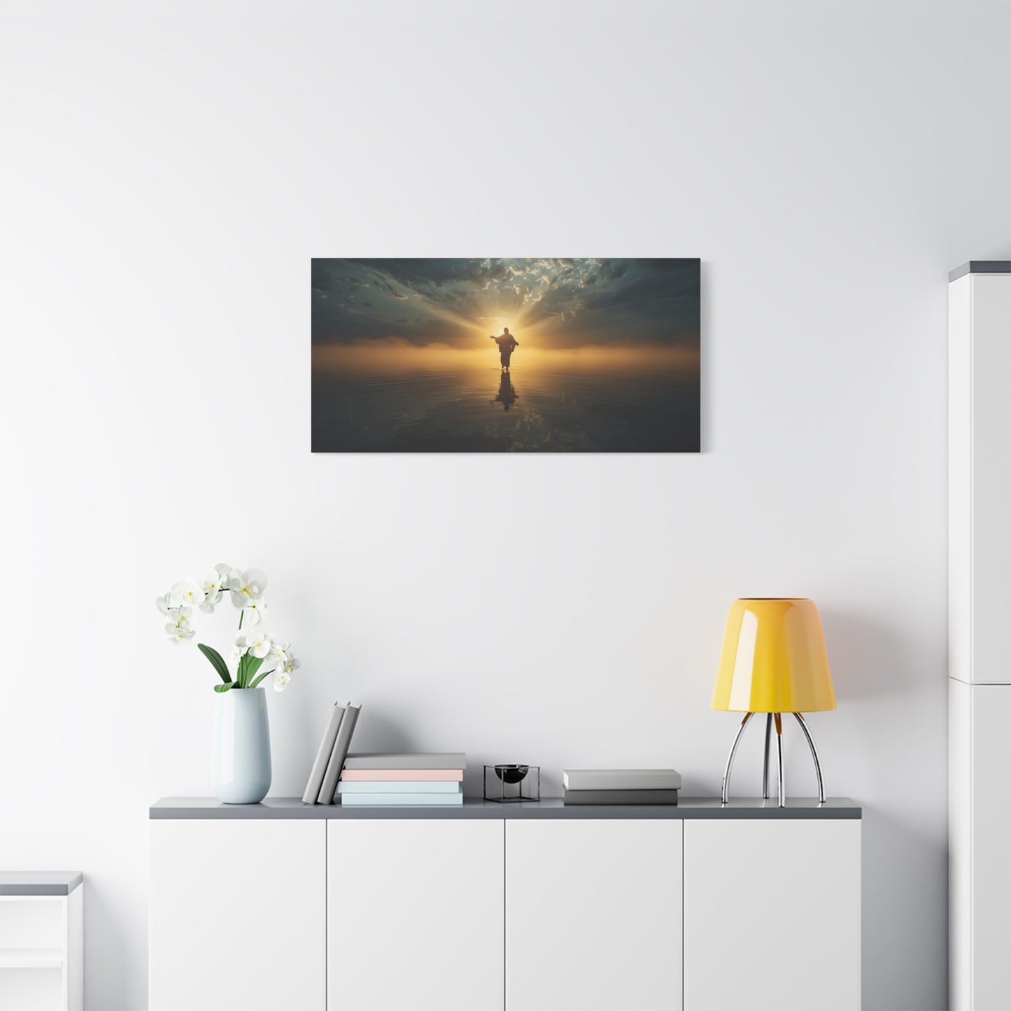 Jesus Christ Canvas Wall Art - Walking On Water At Sunrise, Dramatic Sky Reflection - Matte Cotton Print - Religious Home Decor For Living Room, Bedroom, Office Wall Accent - Bedroom Home Decoration