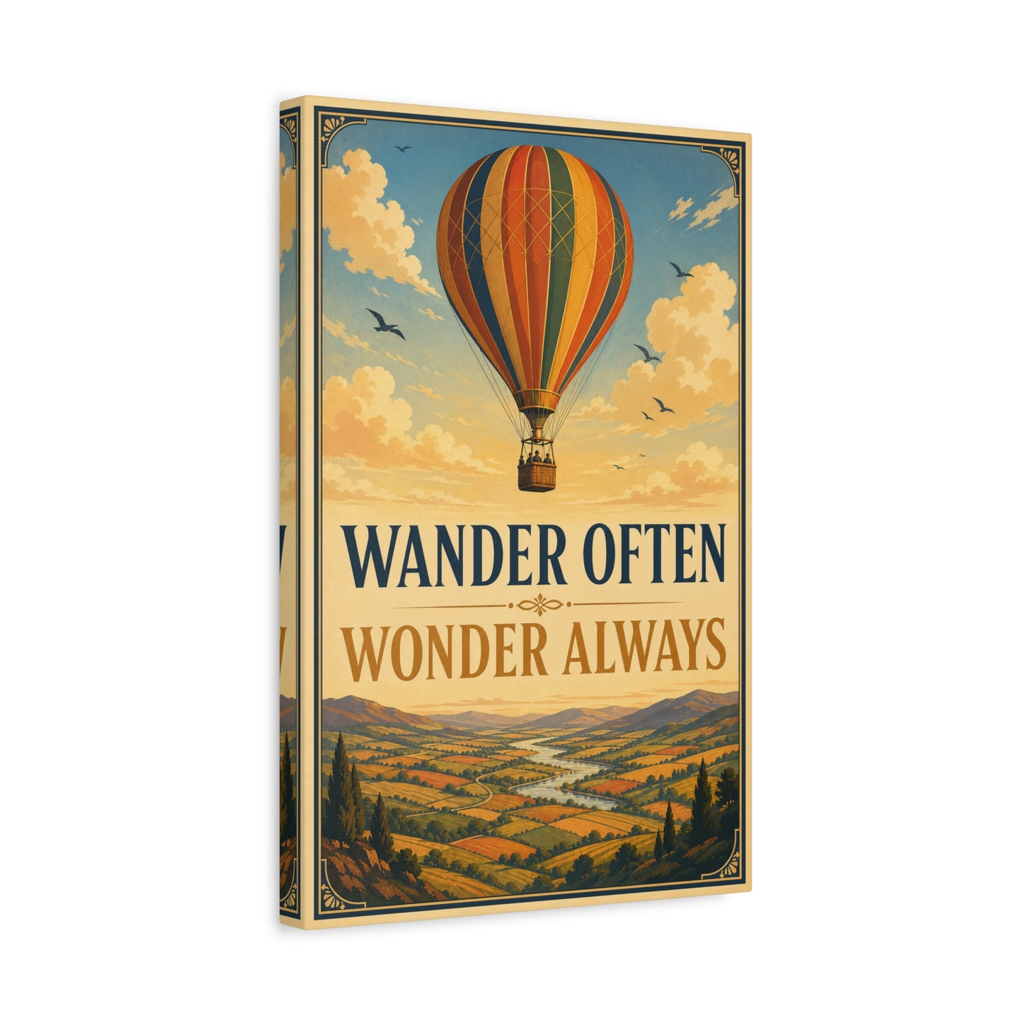 "Wander Often Wonder Always" Hot Air Balloon Canvas Wall Art - Vintage Travel Landscape Quote Print, Retro Sky Poster Style, Living Room Wall Decor - Ready to Hang - Bedroom Home Decoration