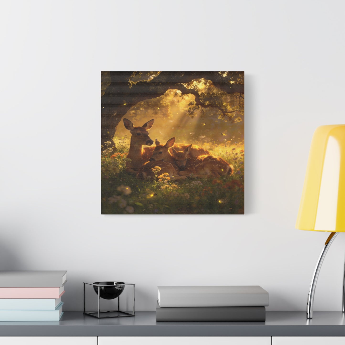 Doe And Fawns Canvas Wall Art - Woodland Deer Family In Golden Light, Whimsical Nature Scene - Matte Finish Cotton Print - Rustic Traditional Style - Bedroom Wall Decor - Bedroom Home Decoration