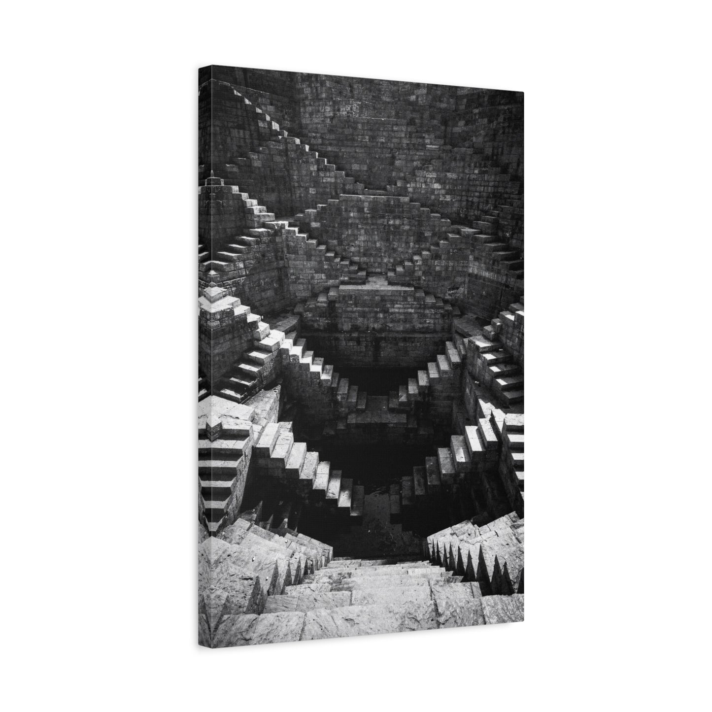 Black And White Stepwell Canvas Wall Art - Architectural Staircase Art Print, Moody Monochrome Stone Geometry - Contemporary Wall Decor For Living Room, Office, Entryway - Ready to Hang