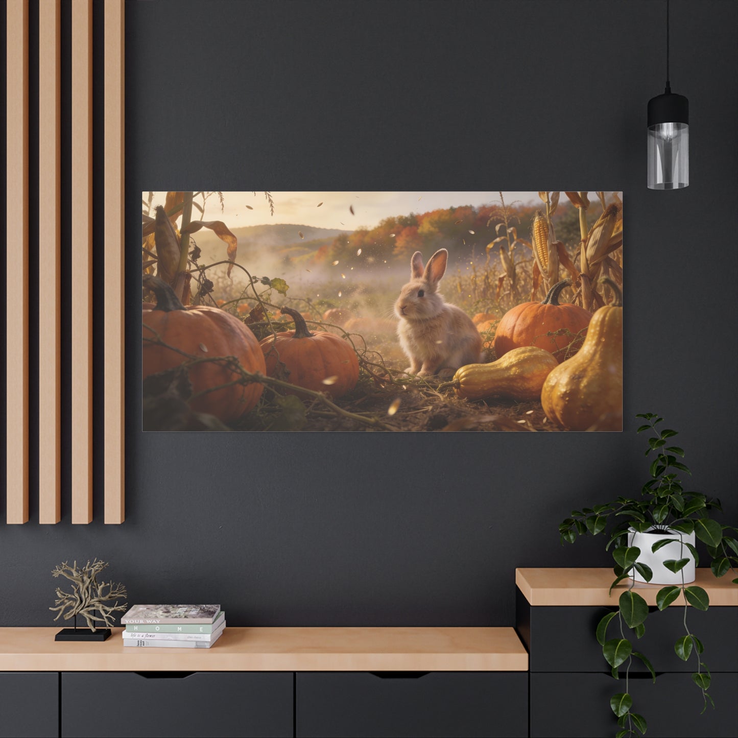 Autumn Bunny Canvas Wall Art - Rabbit In Pumpkin Patch, Golden Harvest Farm Scene - Rustic Matte Canvas Print - Bedroom Wall Decor, Living Room Home Decoration, Nursery Accent - Modern Farmhouse Style