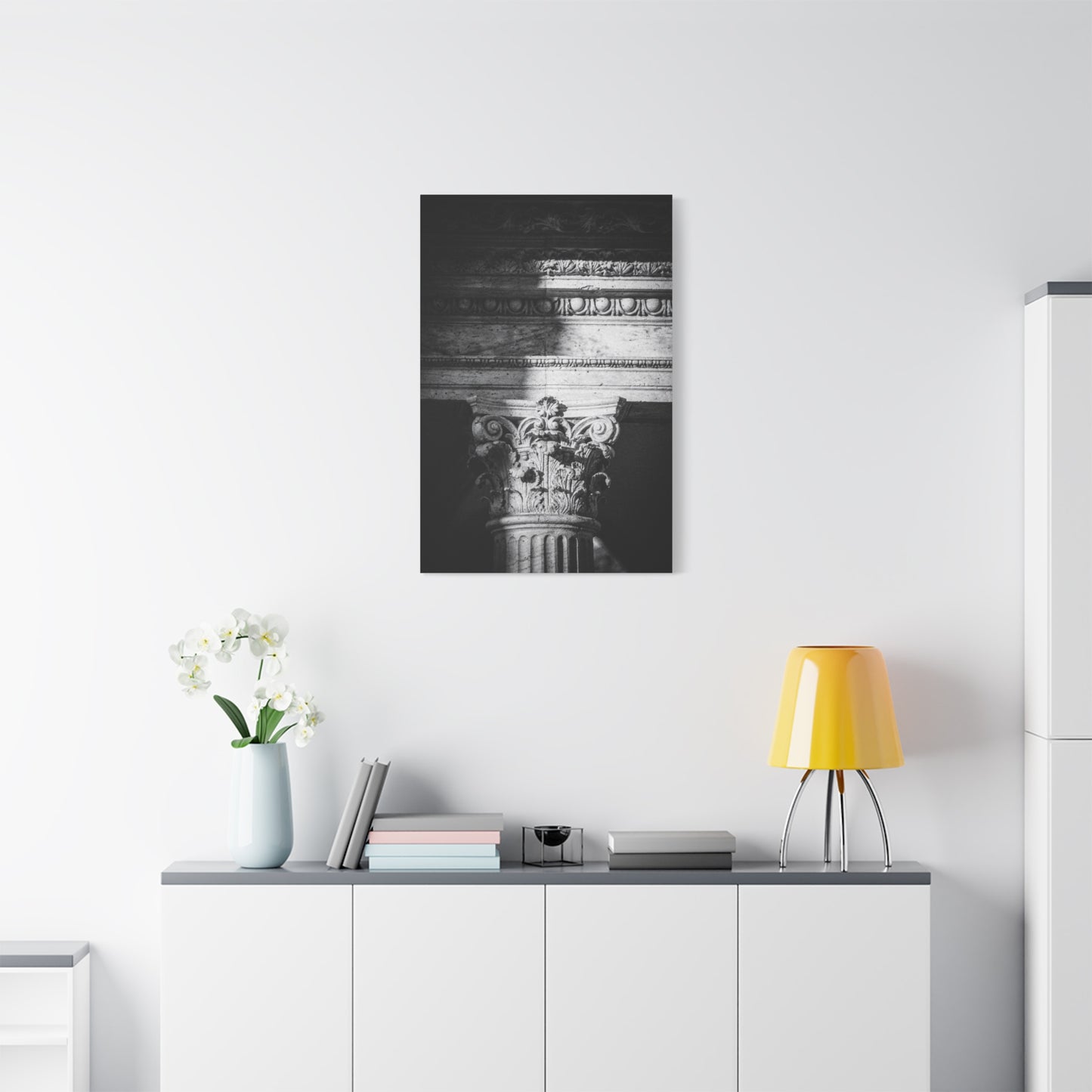 Black And White Corinthian Column Canvas Wall Art - Architectural Art Print, Dramatic Light And Shadow, Matte Cotton Decor - Minimalist Living Room Wall Decor, Office Art - Ready to Hang
