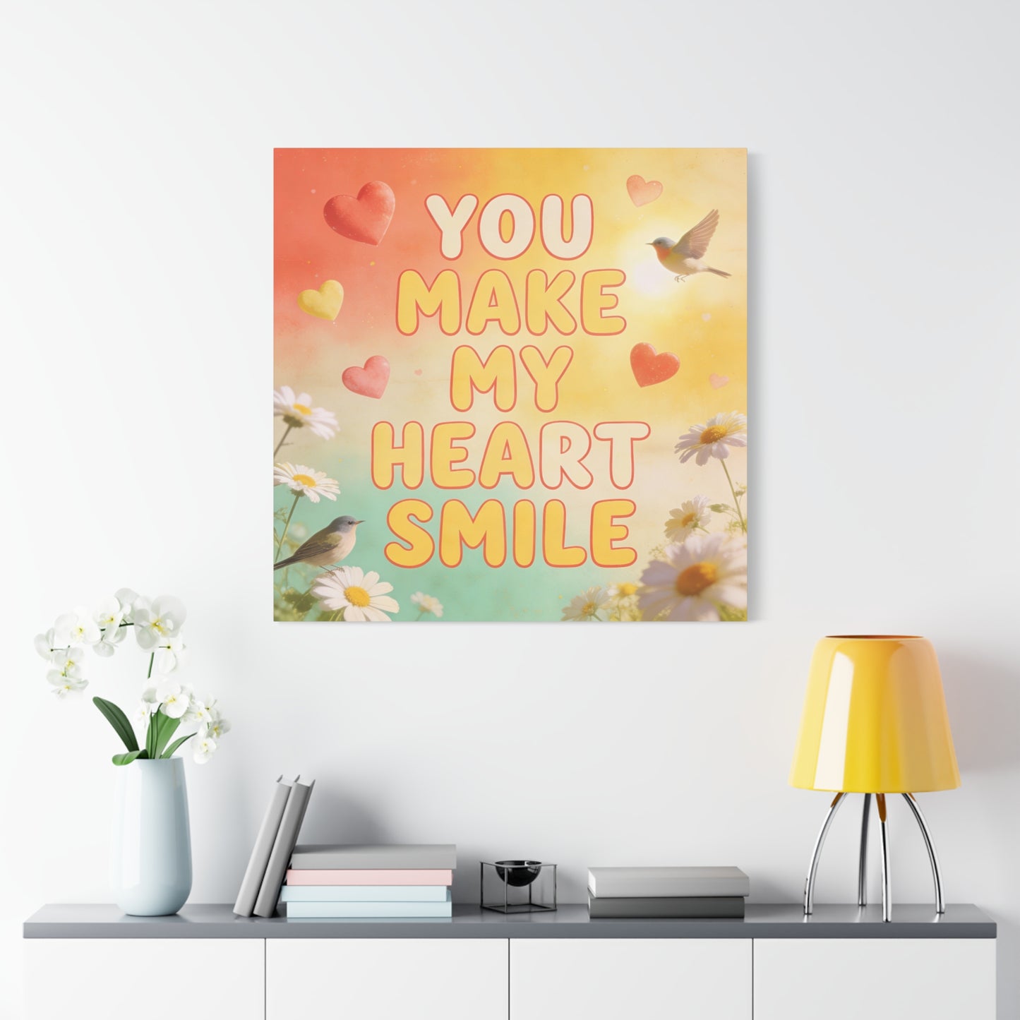 "You Make My Heart Smile" Inspirational Canvas Wall Art - Daisy And Songbird Quote Print, Pastel Typography Decor, Cheerful Bedroom Wall Hanging, Nursery Home Accent - Bedroom Home Decoration
