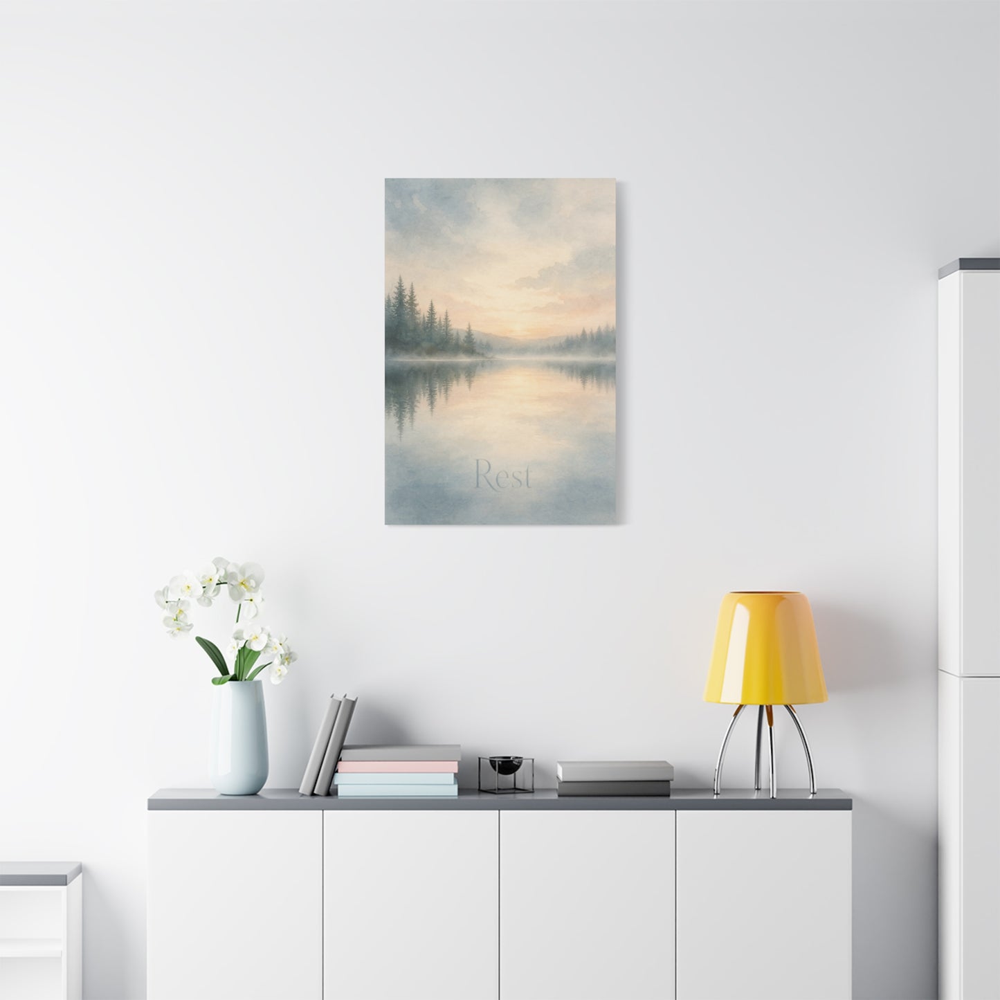 "Rest" Misty Lake Canvas Wall Art - Pine Forest Sunrise Reflection Print - Serene Landscape Home Decor, Bedroom Wall Hanging, Minimalist Nature Artwork, Meditation Space Accent - Ready to Hang