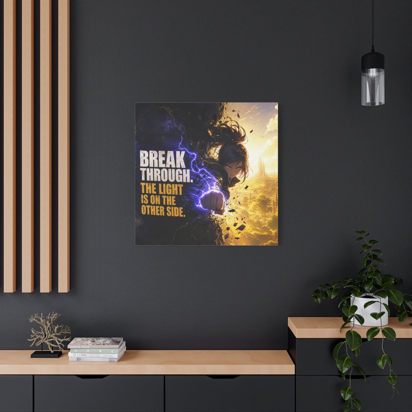 "Break Through. The Light Is On The Other Side." Anime Canvas Wall Art - Motivational Fantasy Girl Poster Print, Dramatic Gold Lightning, Contemporary Bedroom Decor, Teen Room Accent - Office Wall Art