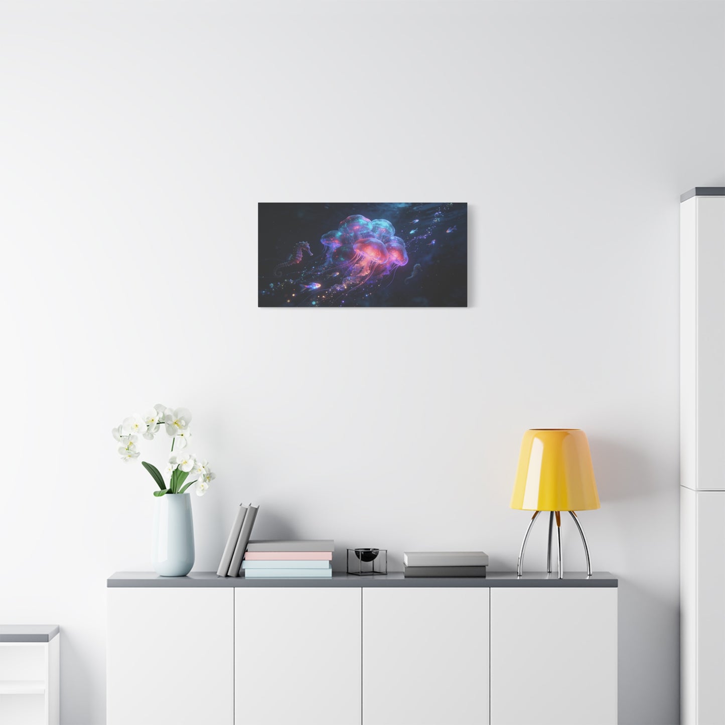 Glowing Jellyfish Canvas Wall Art - Luminous Underwater Sea Life, capiz shells wall decor - Dreamy Ocean Fantasy Cotton Canvas Print - Contemporary Bedroom Living Room Decor - Bedroom Home Decoration
