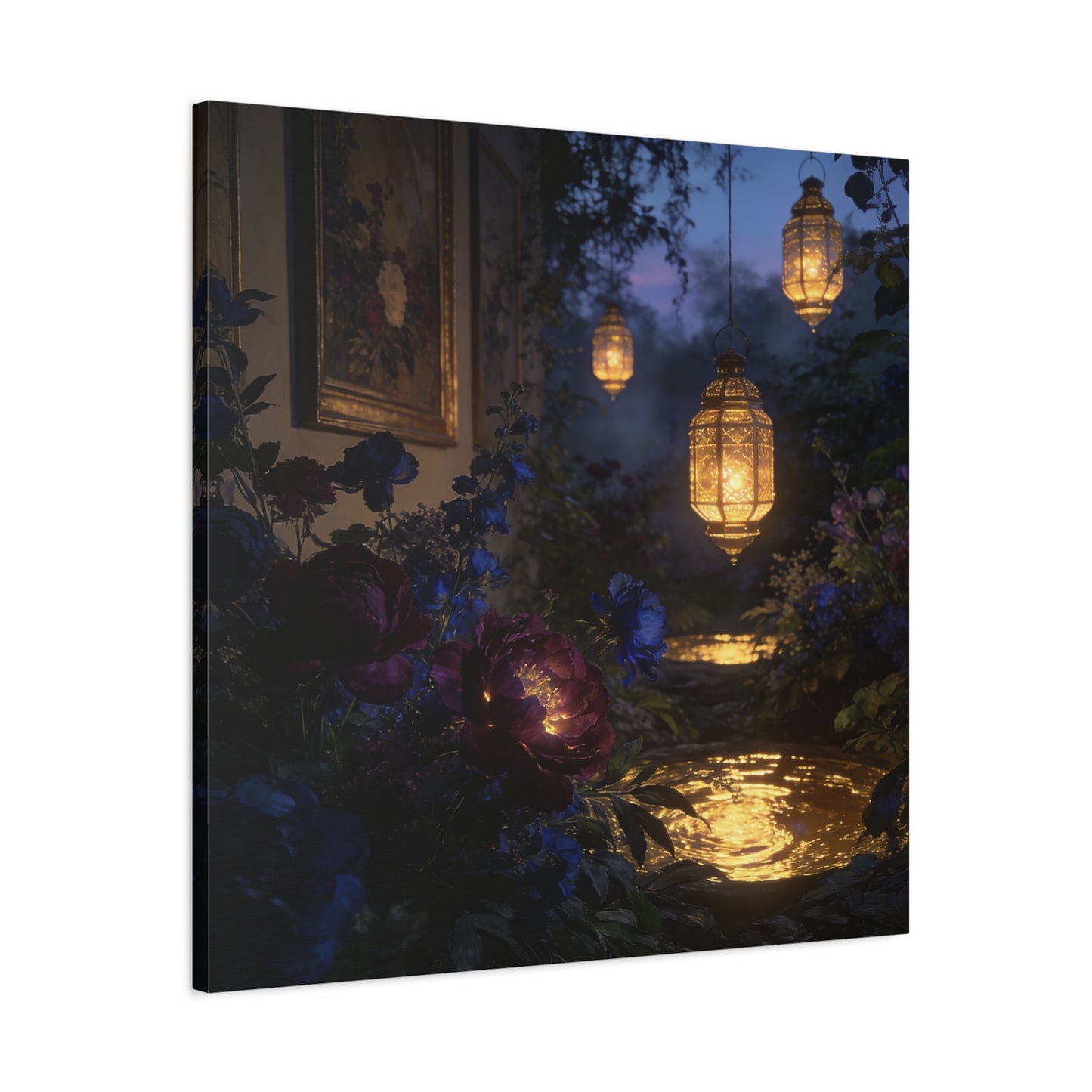 Lantern Garden Canvas Wall Art - Twilight Floral Courtyard, Glowing Water Reflections - Moody Botanical Night Scene, Matte Canvas Print - Bedroom Wall Decor, Living Room Accent - Cozy Reading Nook Art