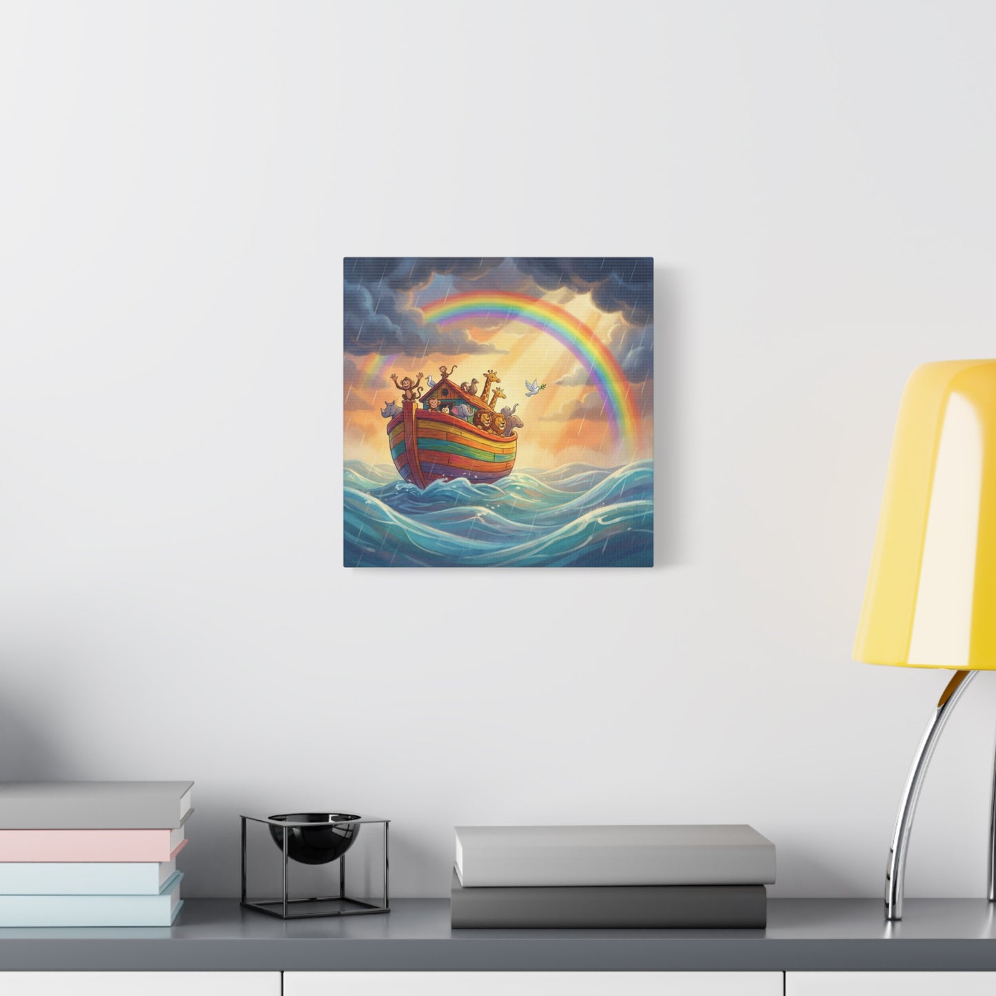 Noahs Ark Canvas Wall Art - Rainbow Animal Boat Nursery Decor - Cotton Canvas Print, Kids Bedroom Home Decoration, Playroom Wall Hanging, Biblical Story Illustration, Classroom Accent - Ready to Hang