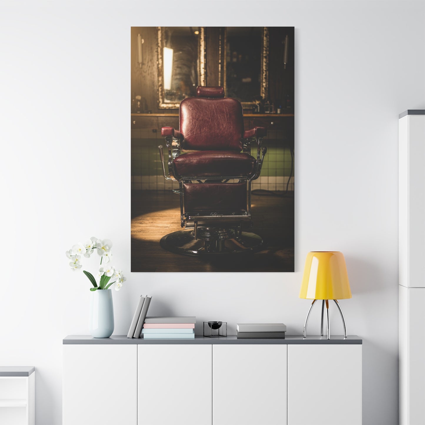 Vintage Barber Chair Canvas Print - Moody Barbershop Interior Art Print, Burgundy Leather Seat, Warm Cinematic Lighting - Rustic Contemporary Decor - Salon Wall Accent, Home Office Display