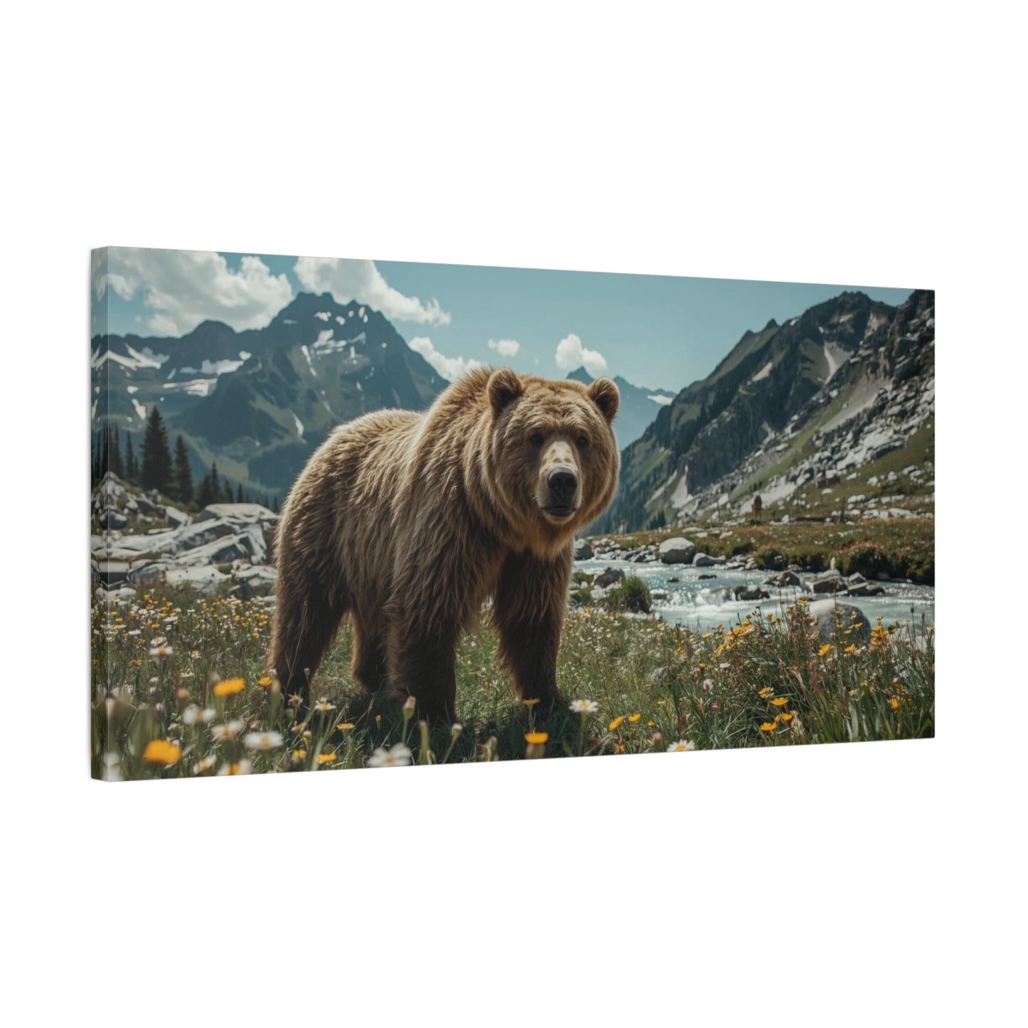 Grizzly Bear Canvas Wall Art - Alpine Mountain Meadow Wildlife Art Print - Rustic Nature Decor, Cotton Canvas - Living Room Wall Decor, Lodge Bedroom Home Decoration - Bedroom Home Decoration
