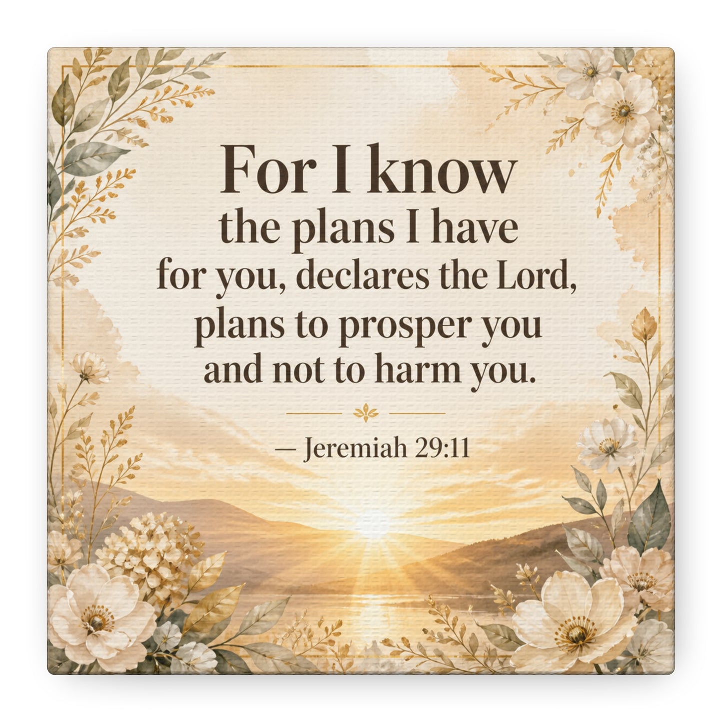 "For I Know The Plans I Have For You" Bible Verse Canvas Wall Art - Jeremiah 29:11 Floral Scripture Print, Gold Sunrise Landscape, Christian Wall Decor For Bedroom, Living Room - Ready to Hang