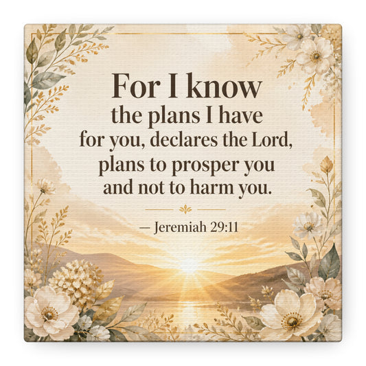 "For I Know The Plans I Have For You" Bible Verse Canvas Wall Art - Jeremiah 29:11 Floral Scripture Print, Gold Sunrise Landscape, Christian Wall Decor For Bedroom, Living Room - Ready to Hang