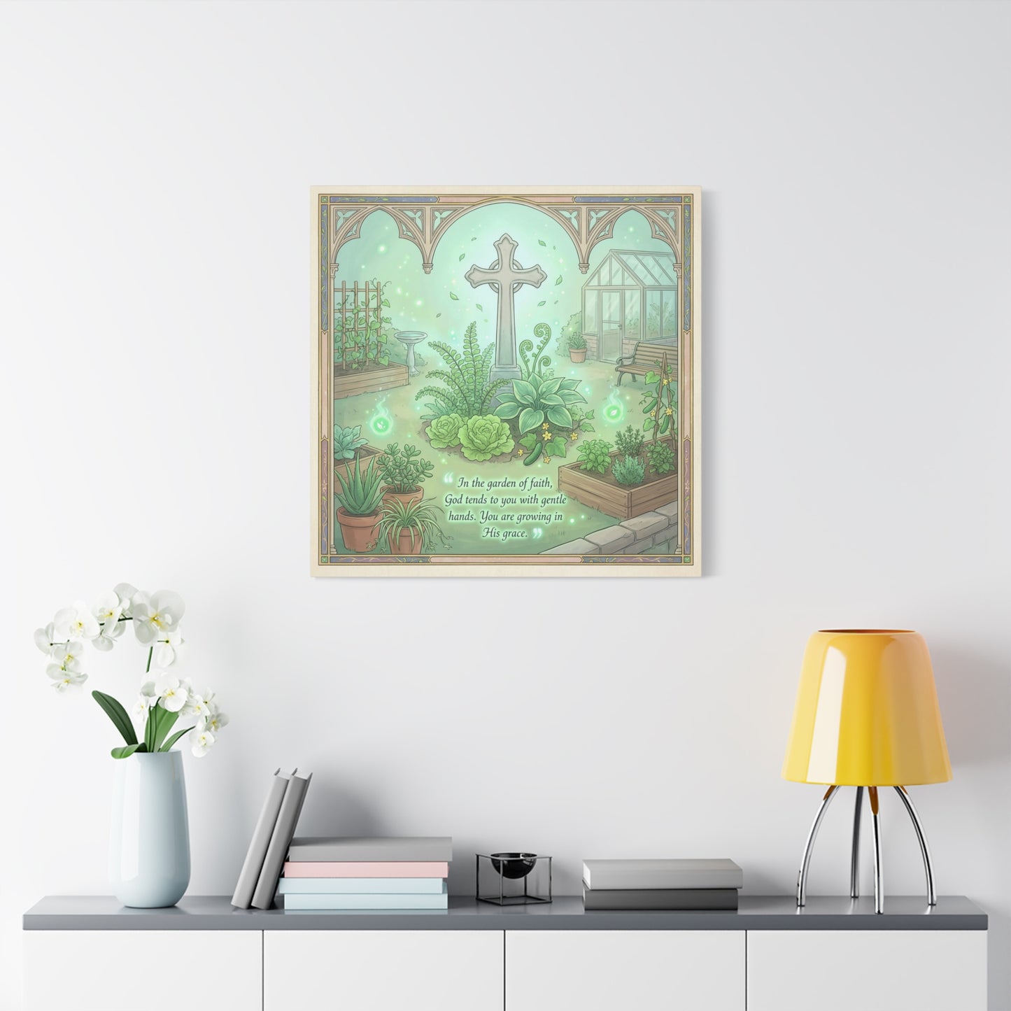 "In The Garden Of Faith" Christian Canvas Wall Art - Cross Garden Quote Print - Botanical Scripture Decor, Matte Cotton Canvas - Traditional Religious Wall Decor For Bedroom Office - Ready to Hang