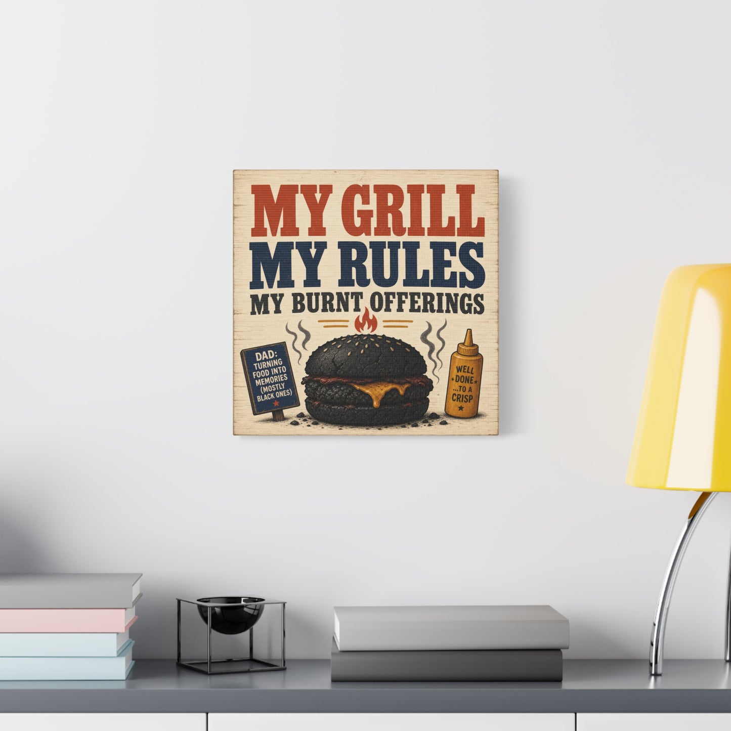 "My Grill My Rules My Burnt Offerings" Funny BBQ Canvas Wall Art - Burnt Burger Grill Sign, Rustic Farmhouse Kitchen Decor, Patriotic Red Blue Typography Print - Man Cave Wall Decor - Ready to Hang