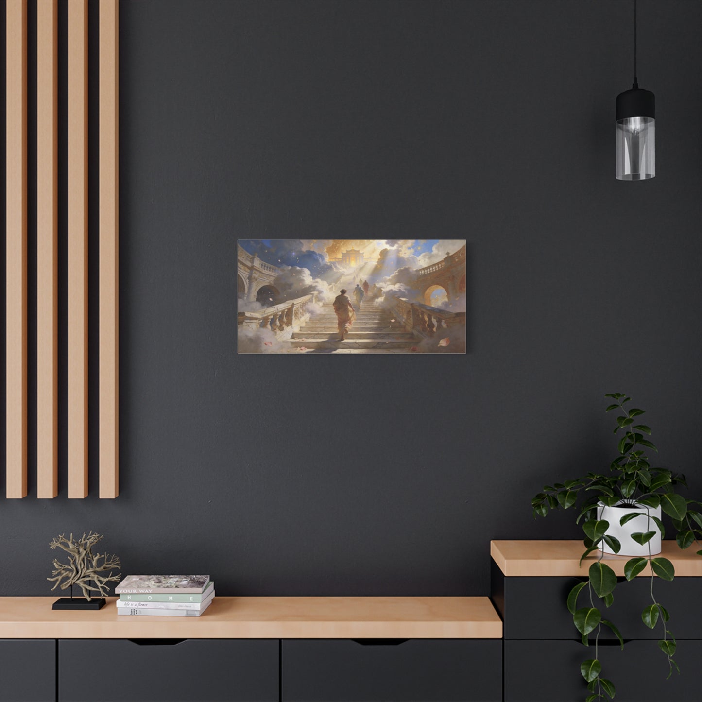 Celestial Stairway Canvas Wall Art - Figures Ascending Through Clouds, Golden Temple Light - Matte Cotton Art Print - Classical Fantasy Style - Living Room Wall Decor, Office Accent - Ready to Hang