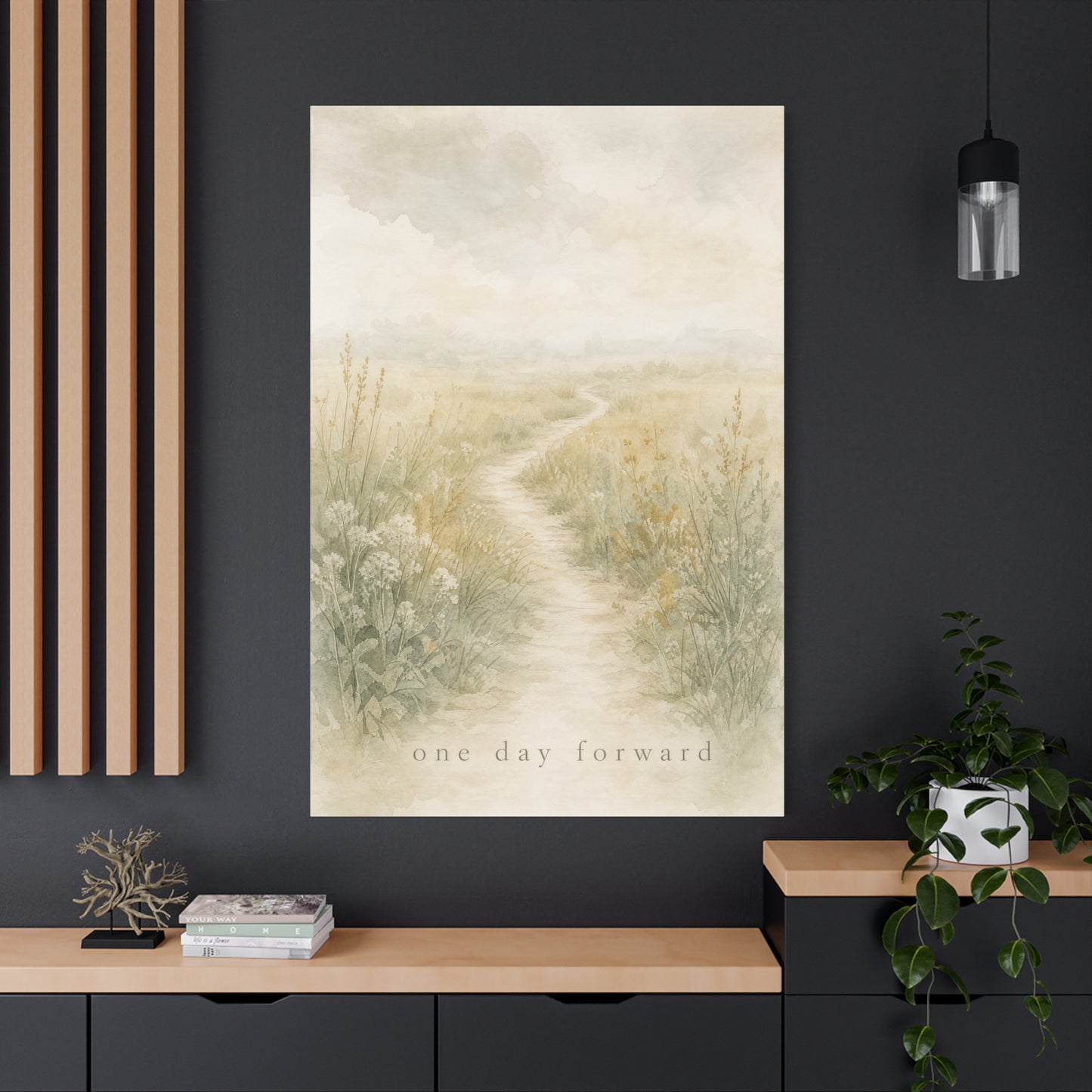 "One Day Forward" Inspirational Canvas Wall Art - Soft Meadow Path Watercolor Print, Neutral Sage Beige Botanical Landscape, Bedroom Wall Decor, Meditation Space Home Decoration - Ready to Hang