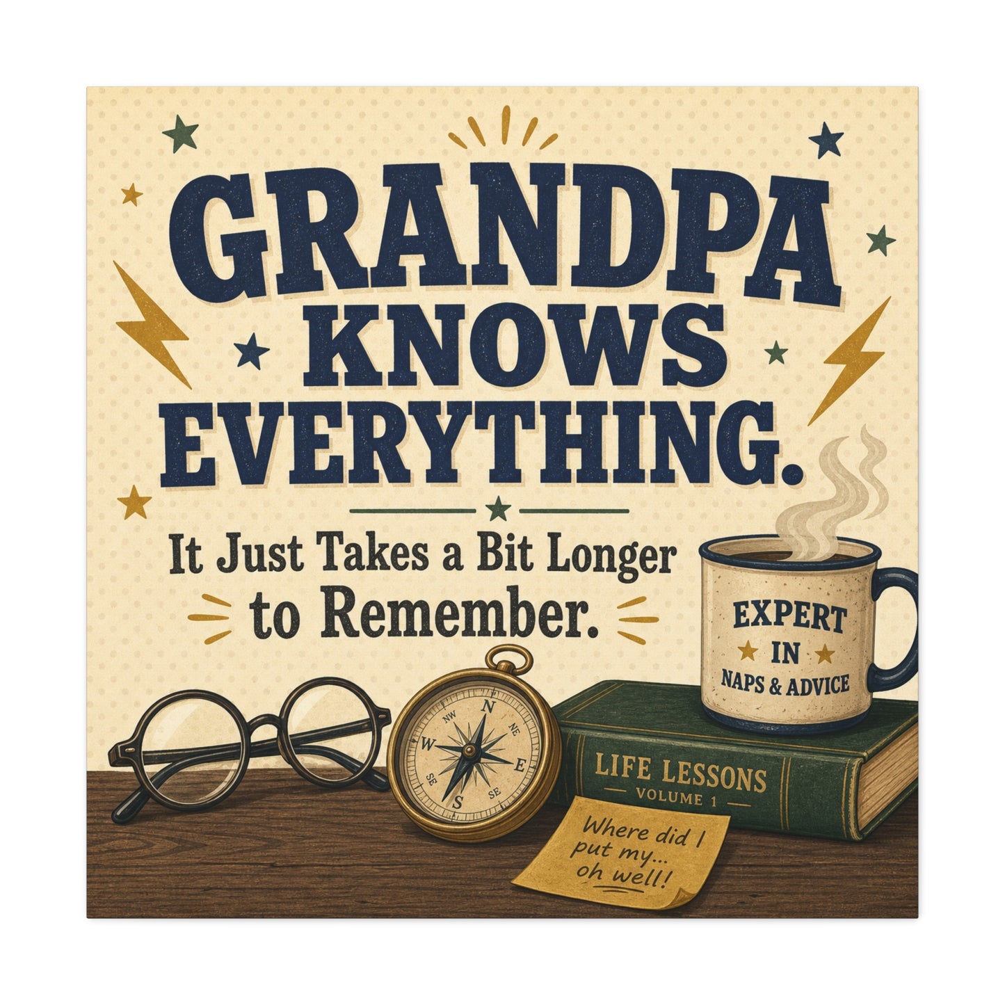 "Grandpa Knows Everything. It Just Takes A Bit Longer To Remember." Canvas Wall Art - Vintage Grandpa Quote Print, Rustic Typography Decor, Living Room Home Decoration - Office Wall Art