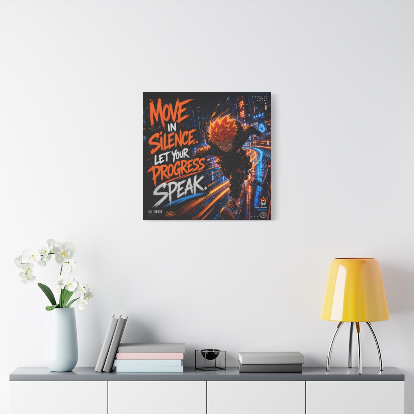 "Move In Silence Let Your Progress Speak" Anime Canvas Wall Art - Cyberpunk Runner Motivational Quote Print, Neon City Street Illustration - Teen Bedroom Decor, Home Office Accent - Office Wall Art