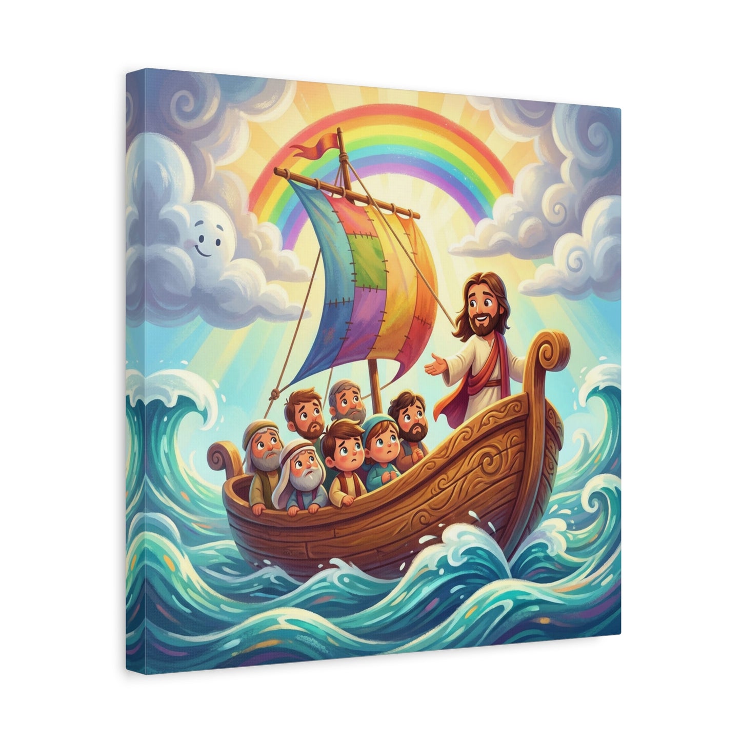 Jesus Boat Canvas Wall Art - Rainbow Sail, Disciples At Sea, Christian Nursery Decor - Matte Cotton Print - Whimsical Religious Style For Kids Bedroom Playroom Home Decoration - Living Room Wall Decor