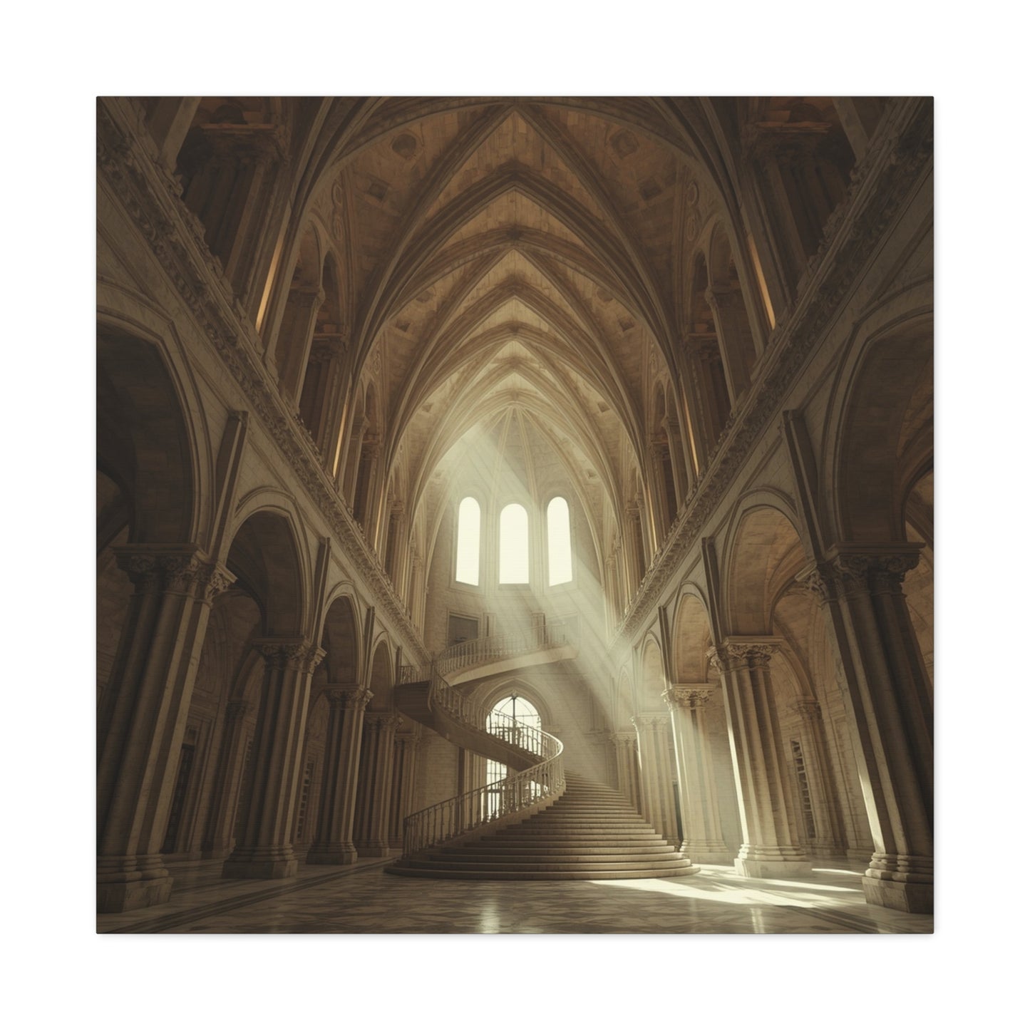 Gothic Cathedral Interior Canvas Wall Art - Sunlit Spiral Staircase, Religious Architecture Print - Matte Cotton Canvas - Traditional Style - Living Room Wall Decor, Office Art - Ready to Hang