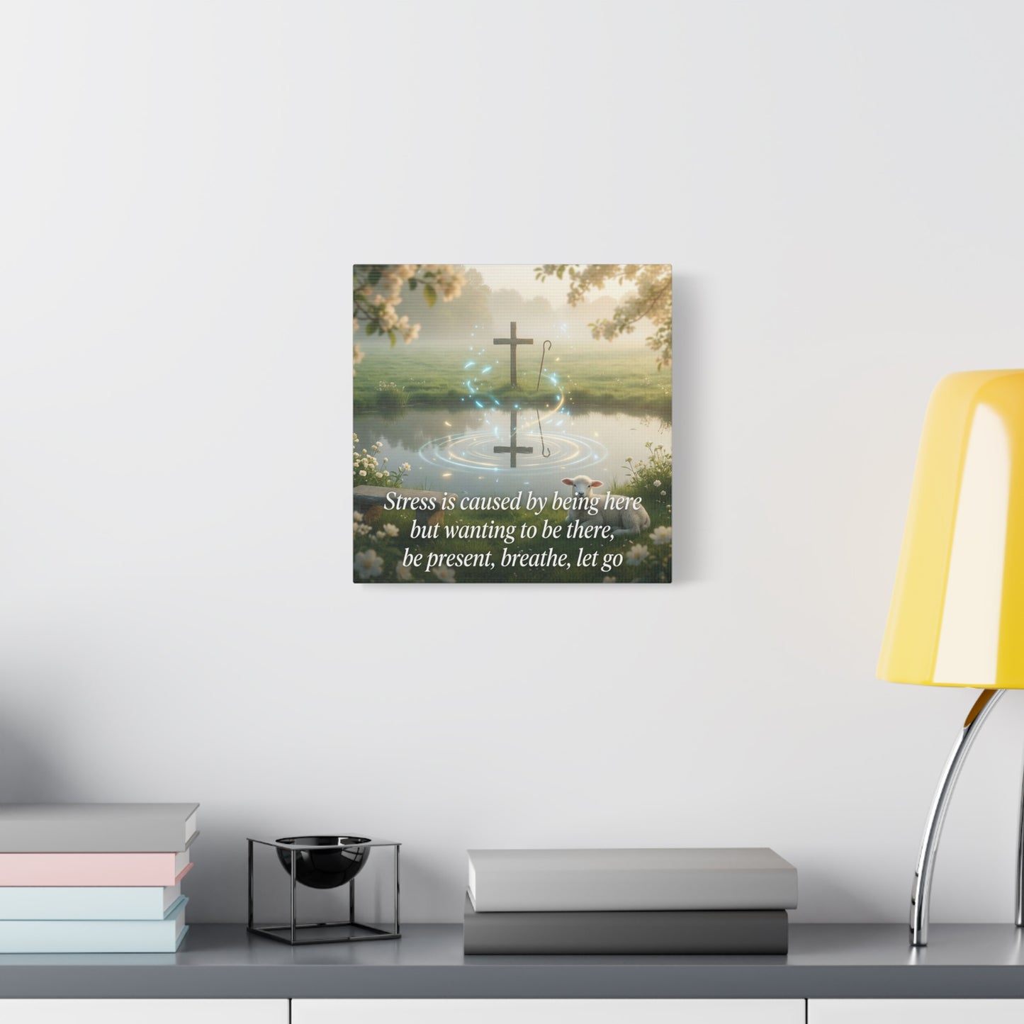 "Stress is caused by being here but wanting to be there, be present, breathe, let go" Cross Canvas Wall Art - Christian Inspirational Pond Scene - Traditional Style - Bedroom Wall Decor