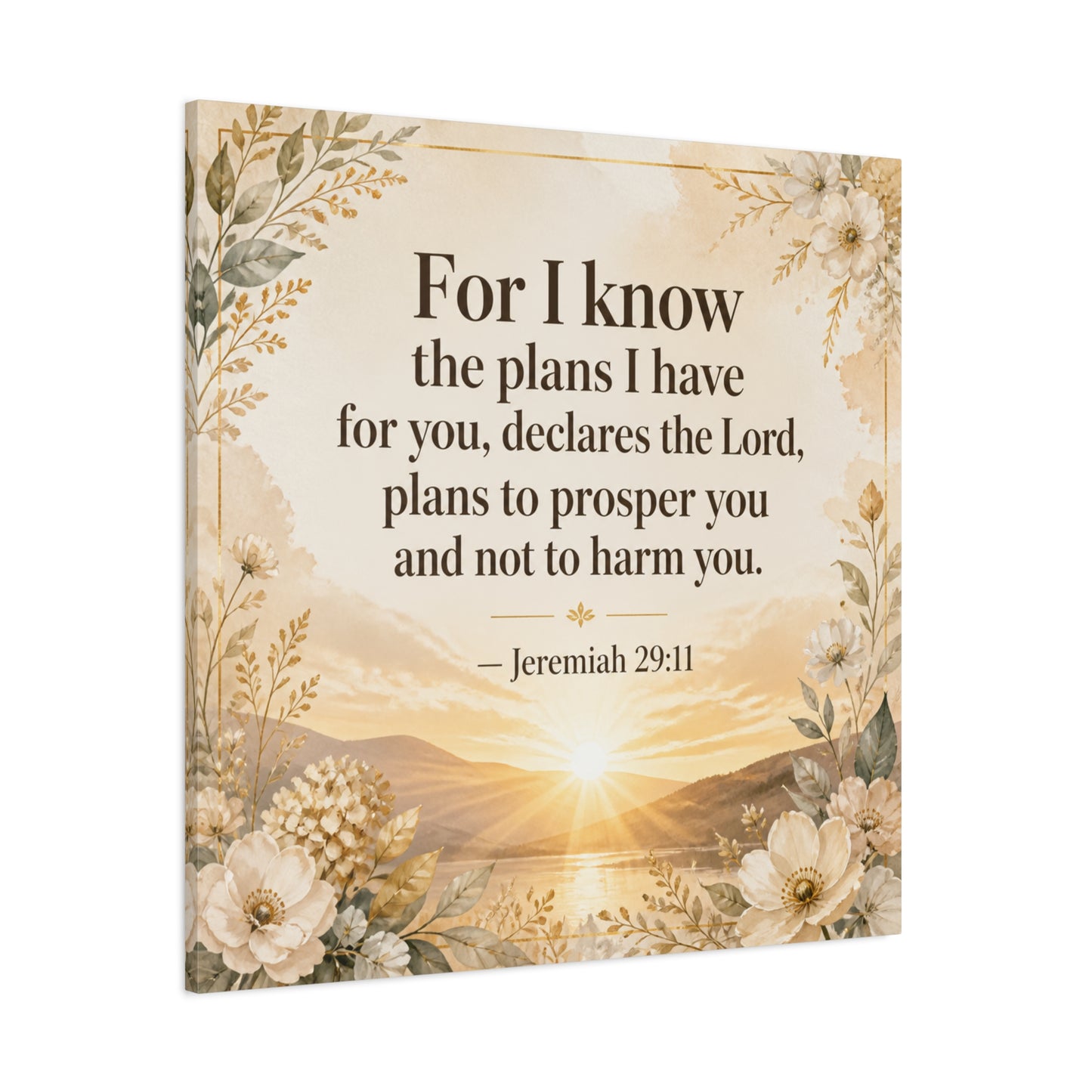 "For I Know The Plans I Have For You" Bible Verse Canvas Wall Art - Jeremiah 29:11 Floral Scripture Print, Gold Sunrise Landscape, Christian Wall Decor For Bedroom, Living Room - Ready to Hang