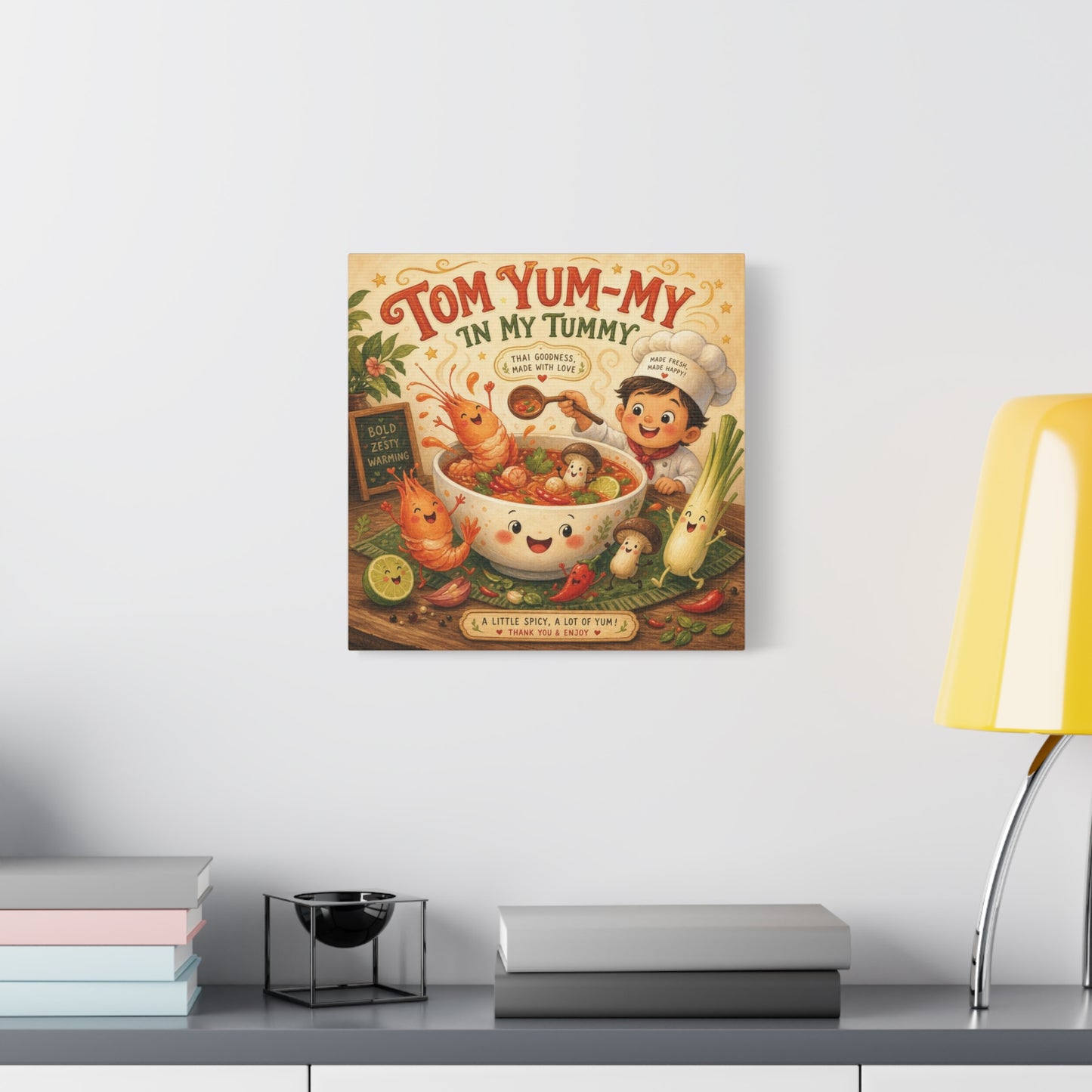 "Tom Yum-My In My Tummy" Canvas Wall Art - Cute Thai Soup Chef Illustration, Whimsical Kitchen Decor - Matte Cotton Canvas Print - Vintage Style Dining Room Wall Decor - Bedroom Home Decoration