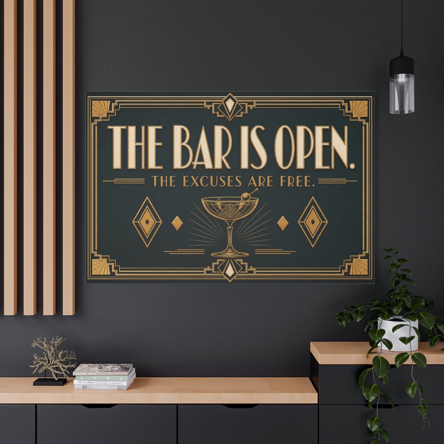 "The Bar Is Open. The Excuses Are Free." Art Deco Canvas Wall Art - Cocktail Lounge Quote Print, Vintage Bar Cart Decor, Speakeasy Style - Ready to Hang - Tavern Wall Decor - Speakeasy Style Sign