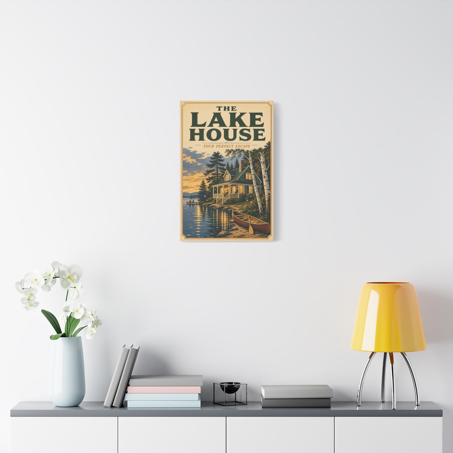 "The Lake House Your ideal Escape" Canvas Wall Art - Vintage Lakeside Cabin, Canoe And Birch Trees - Rustic Landscape Print - Living Room Wall Decor, Cabin Home Decoration - Bedroom Home Decoration