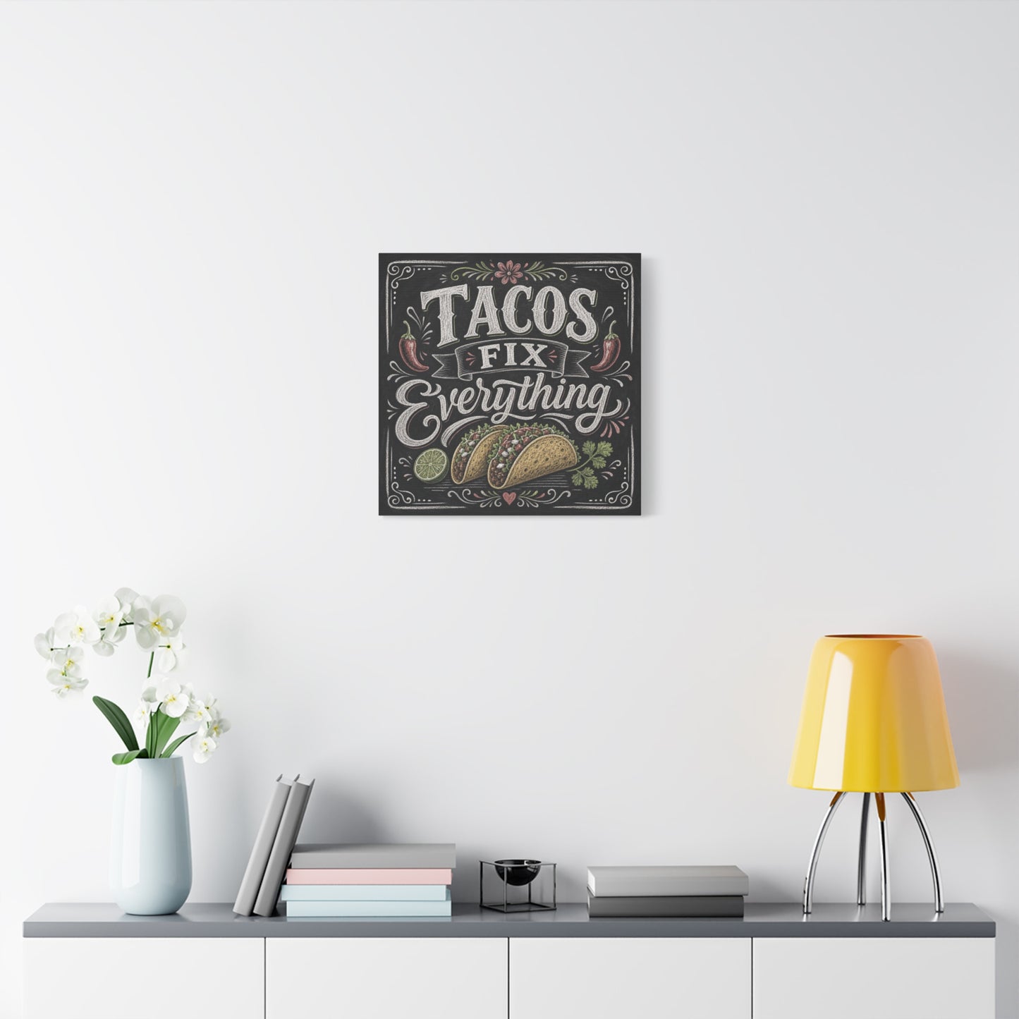"Tacos Fix Everything" Canvas Wall Art - Chalkboard Taco Kitchen Print, Rustic Typography Decor - Matte Cotton Art Print - Farmhouse Dining Room Accent, Cafe Interior Style - Living Room Wall Decor